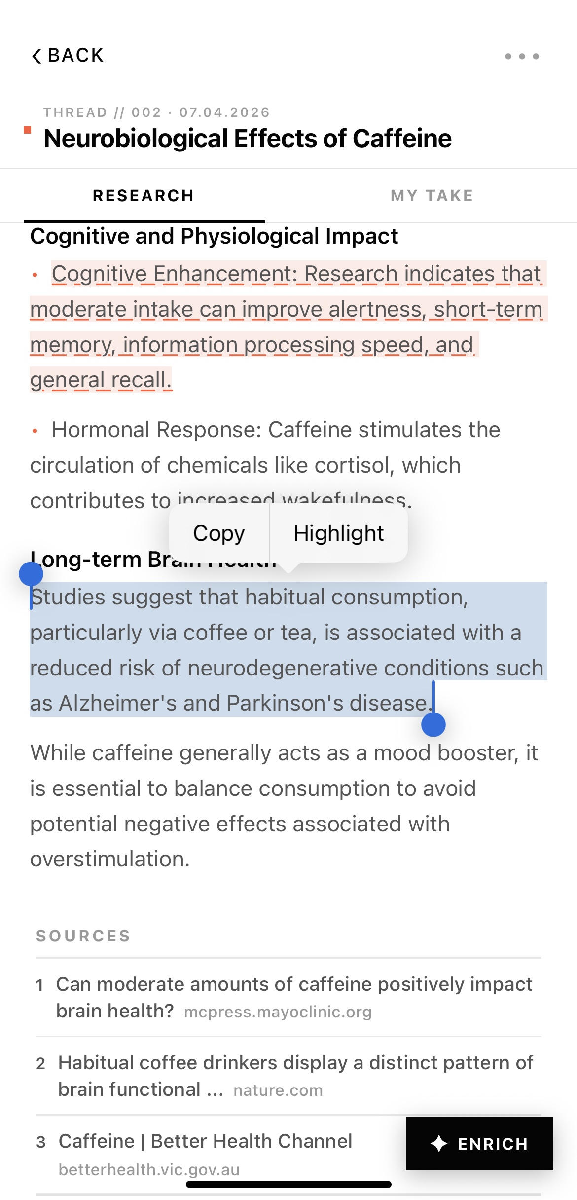 Highlighting passages in a knowledge card
